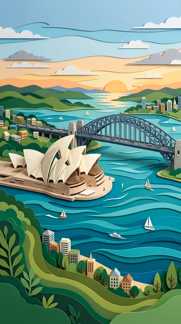 Sydney Opera House and Harbour Bridge in a Layered Paper Style - Free Mobile AMOLED Wallpaper Background