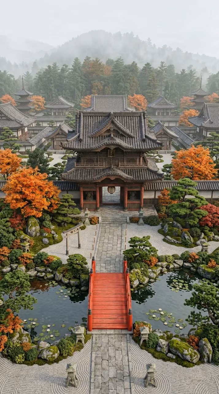 Symmetrical 3D Render of a Traditional Japanese Temple and Red Bridge in Autumn - Free Mobile AMOLED Wallpaper Background