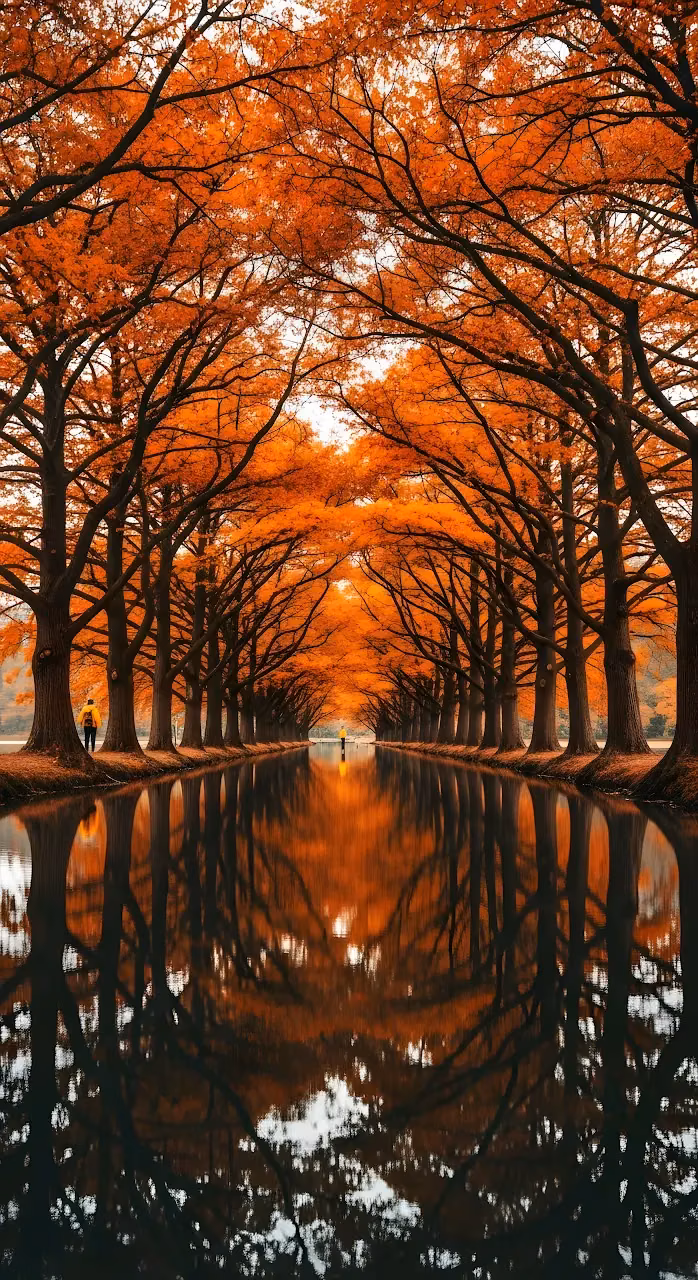 Symmetrical Autumn Tree Avenue Water Reflection - Free Mobile AMOLED Wallpaper Background