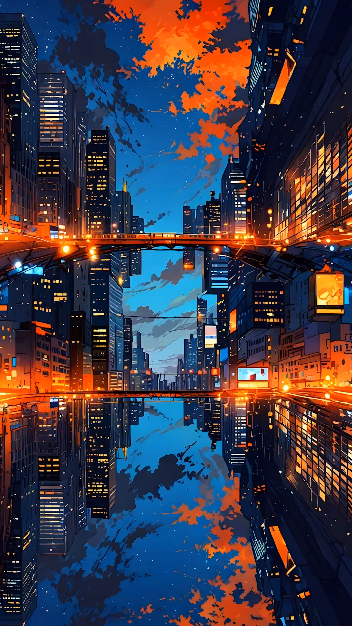 Download Symmetrical City Reflection at Twilight with Orange Sky Wallpaper in Mobile HD Symmetrical City Reflection at Twilight with Orange Sky - Free Mobile AMOLED Wallpaper Background