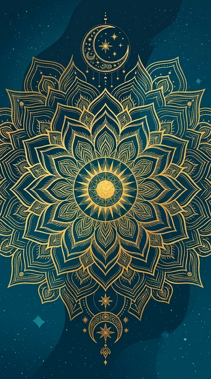 Download Symmetrical Golden Lotus Mandala with Sacred Geometry and Celestial Accents Wallpaper in Mobile HD Symmetrical Golden Lotus Mandala with Sacred Geometry and Celestial Accents - Free Mobile AMOLED Wallpaper Background