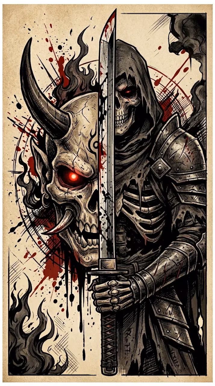 Download Symmetrical Illustration of an Oni Skull and Hooded Warrior with a Katana Wallpaper in Mobile HD Symmetrical Illustration of an Oni Skull and Hooded Warrior with a Katana - Free Mobile AMOLED Wallpaper Background