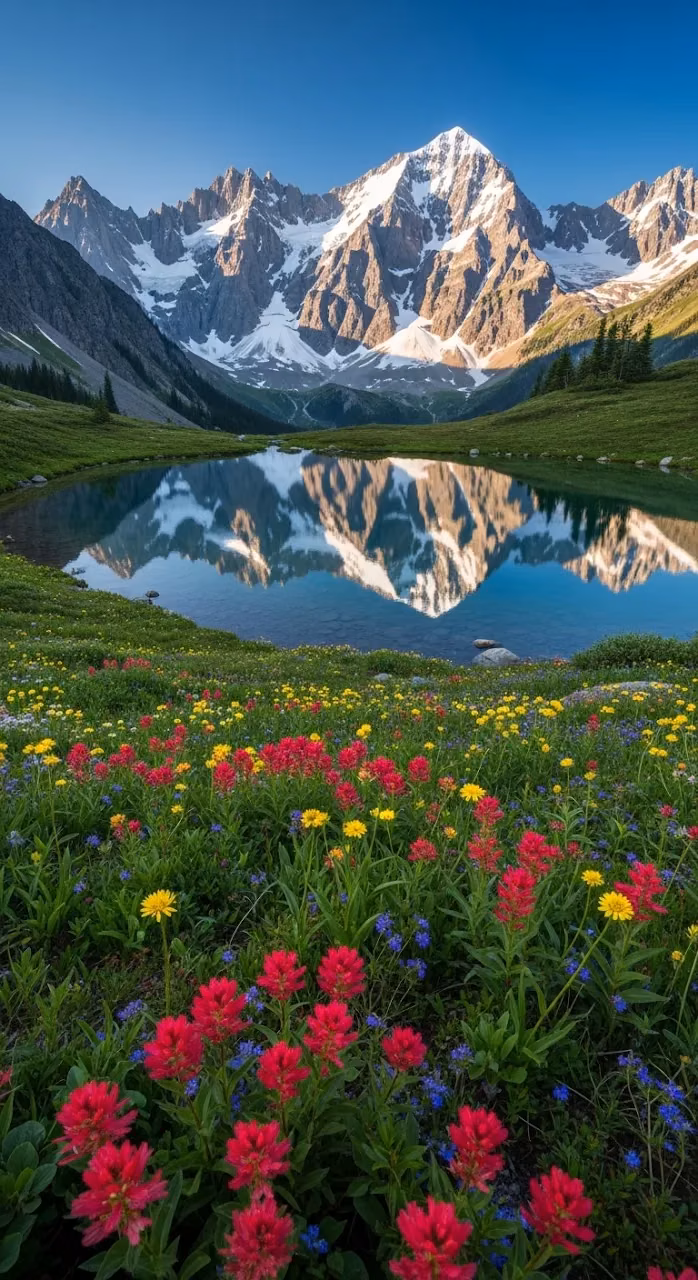 Download Symmetrical Landscape of Snow-Capped Mountains and Wildflower Meadow Wallpaper in Mobile HD Symmetrical Landscape of Snow-Capped Mountains and Wildflower Meadow - Free Mobile AMOLED Wallpaper Background