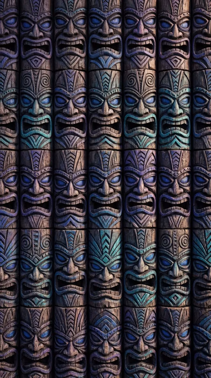 Download Symmetrical Pattern of Wood Carved Tiki Totem Masks Wallpaper in Mobile HD Symmetrical Pattern of Wood Carved Tiki Totem Masks - Free Mobile AMOLED Wallpaper Background