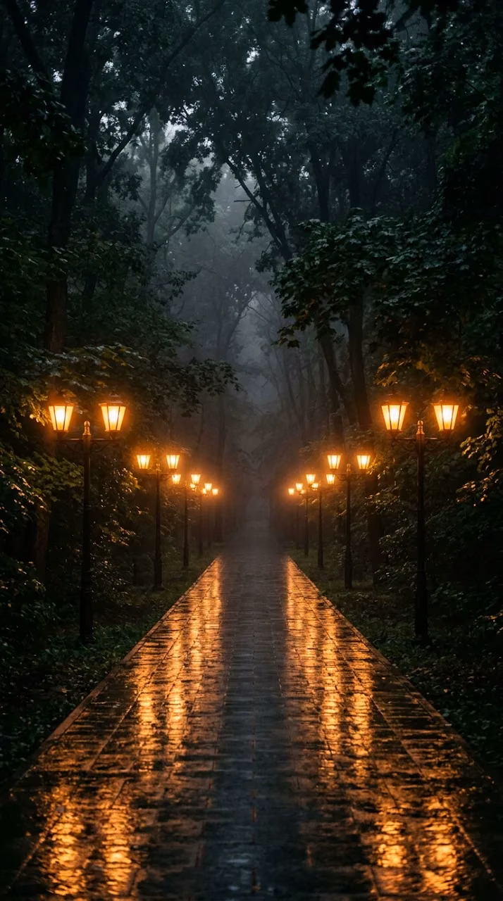 Download Symmetrical View of a Wet Park Path Lined with Glowing Lanterns in the Fog Wallpaper in Mobile HD Symmetrical View of a Wet Park Path Lined with Glowing Lanterns in the Fog - Free Mobile AMOLED Wallpaper Background