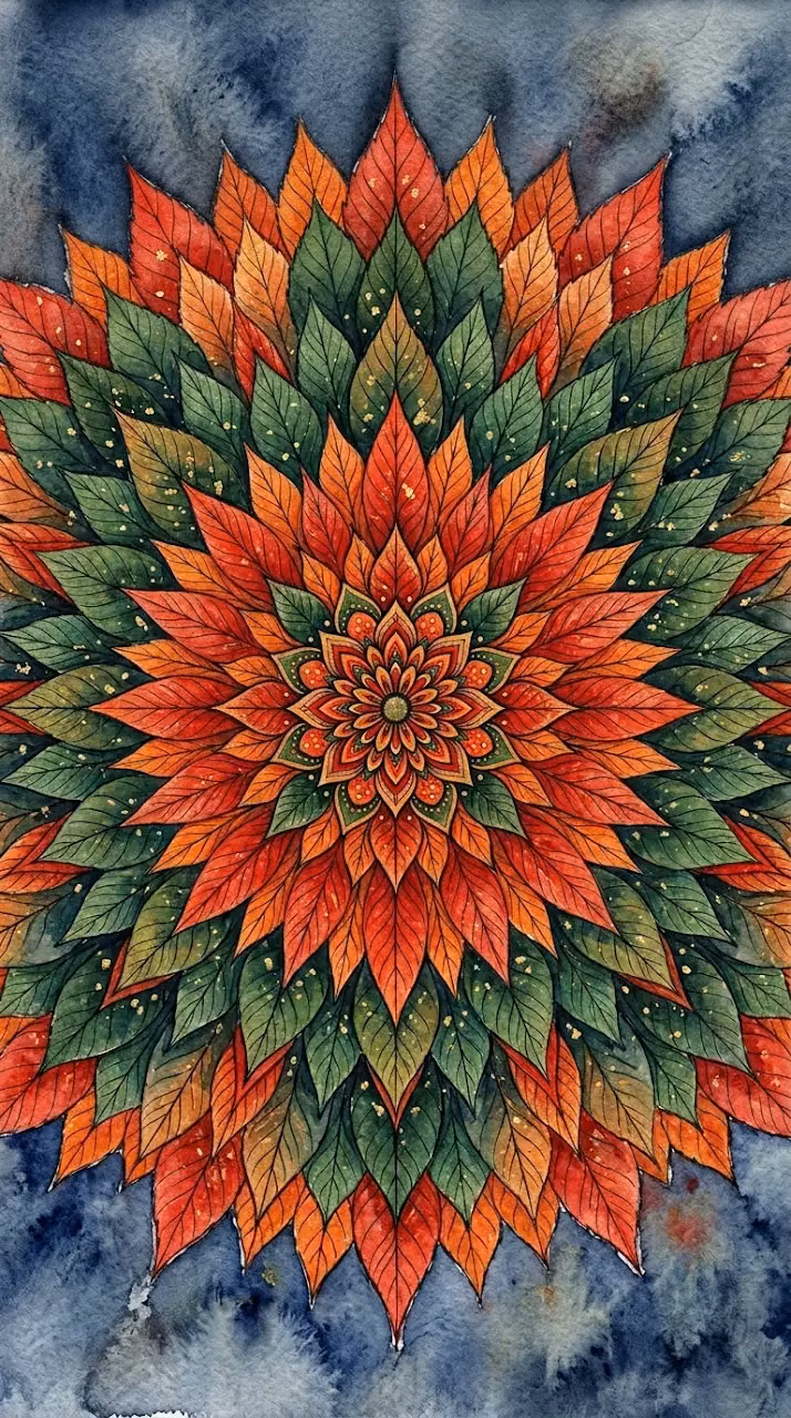Symmetrical Watercolor Mandala Constructed from Colorful Autumn Leaves - Free Mobile AMOLED Wallpaper Background