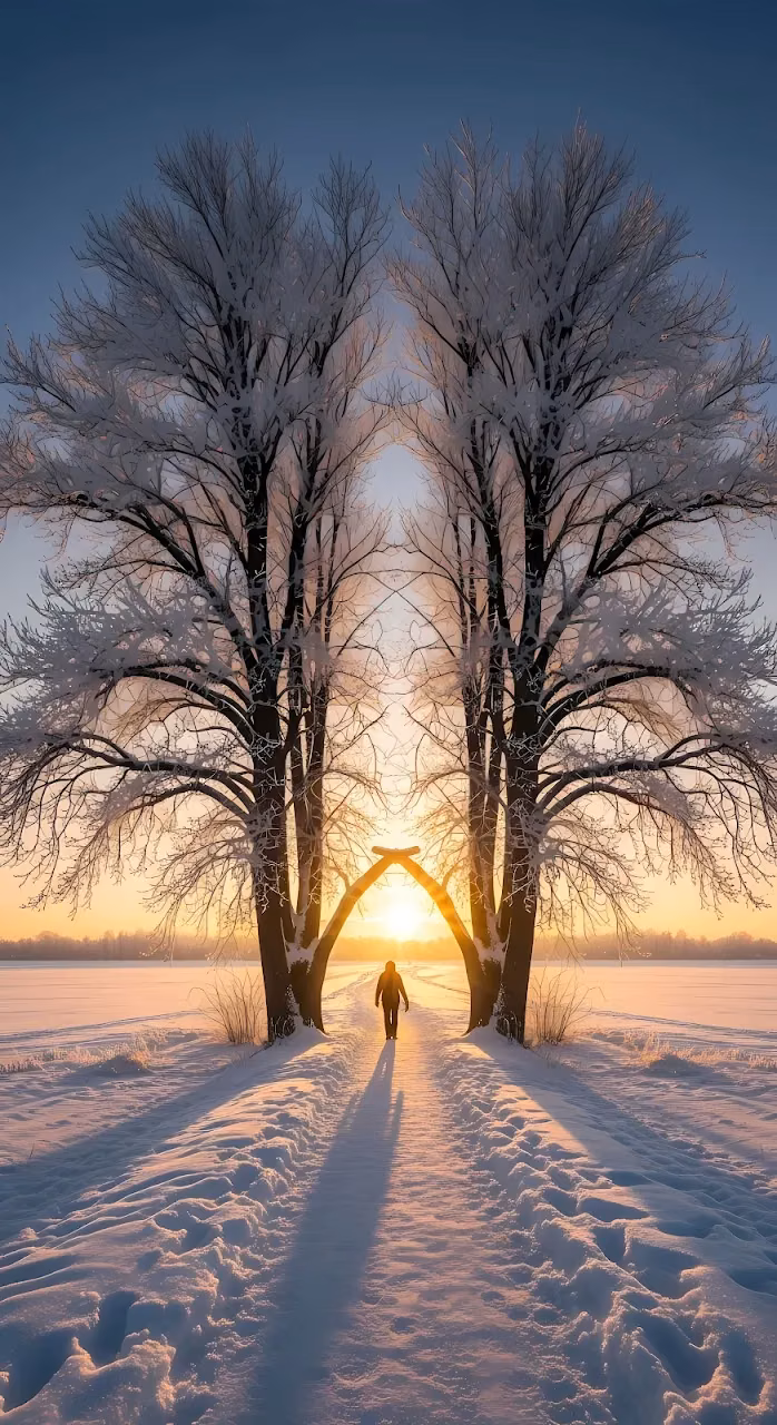 Symmetrical Winter Trees Archway at Sunset - Free Mobile AMOLED Wallpaper Background