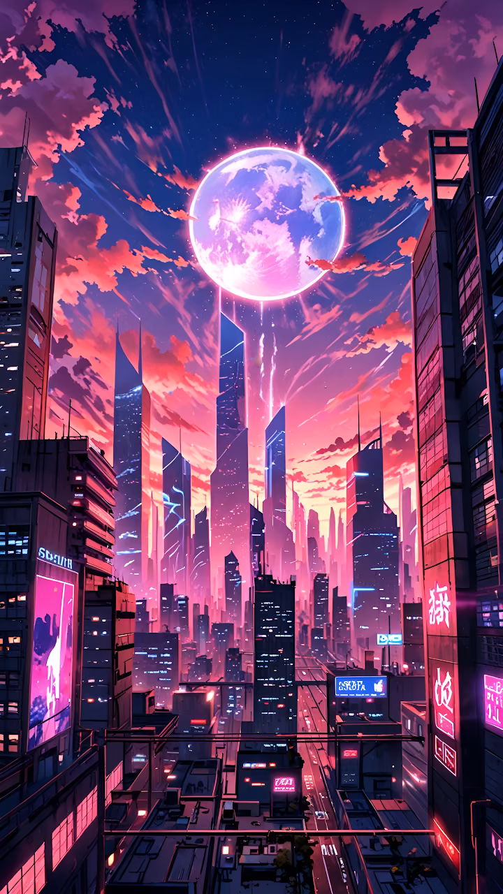 Download Synthwave City Skyline Pink Moon Neon Aesthetic Wallpaper in Mobile HD Synthwave City Skyline Pink Moon Neon Aesthetic - Free Mobile AMOLED Wallpaper Background