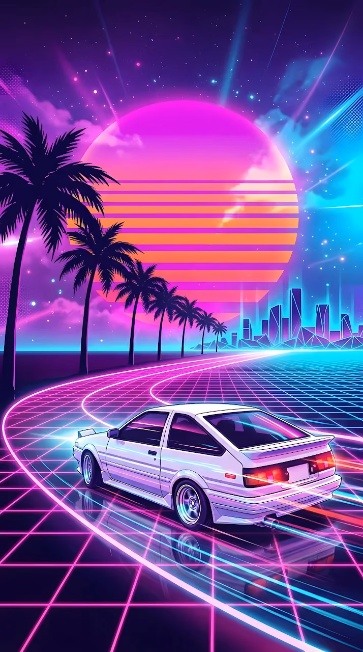 Synthwave Illustration of a Sports Car on a Glowing Grid Under a Neon Sun - Free Mobile AMOLED Wallpaper Background
