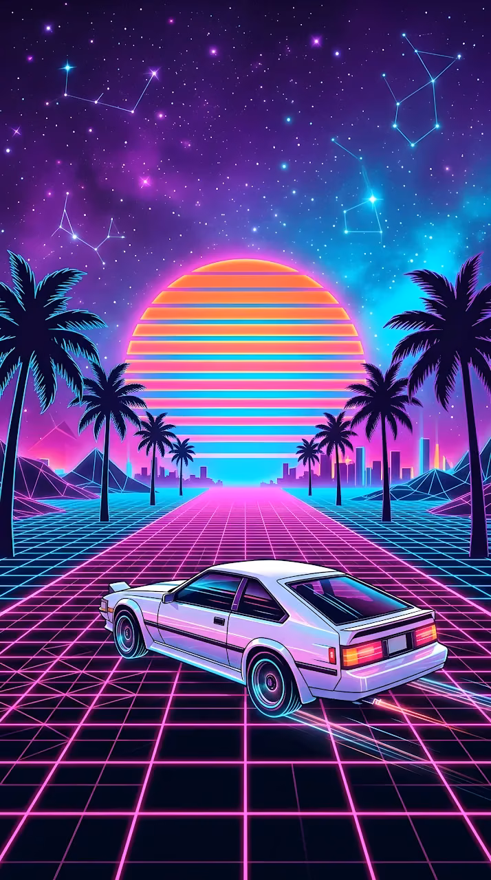 Download Synthwave Illustration of a Sports Car on a Glowing Grid Under a Neon Sun Wallpaper in Mobile HD Synthwave Illustration of a Sports Car on a Glowing Grid Under a Neon Sun - Free Mobile AMOLED Wallpaper Background