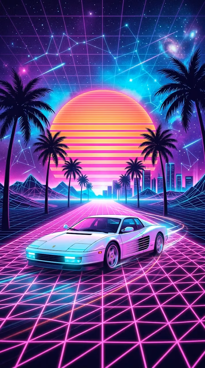 Synthwave Illustration of a Sports Car on a Glowing Grid Under a Neon Sun - Free Mobile AMOLED Wallpaper Background
