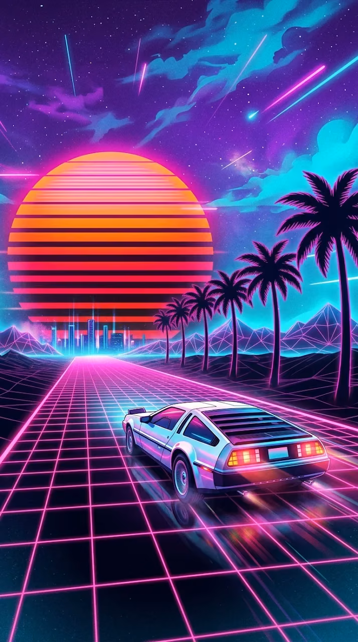 Download Synthwave Illustration of a Sports Car on a Glowing Grid Under a Neon Sun Wallpaper in Mobile HD Synthwave Illustration of a Sports Car on a Glowing Grid Under a Neon Sun - Free Mobile AMOLED Wallpaper Background