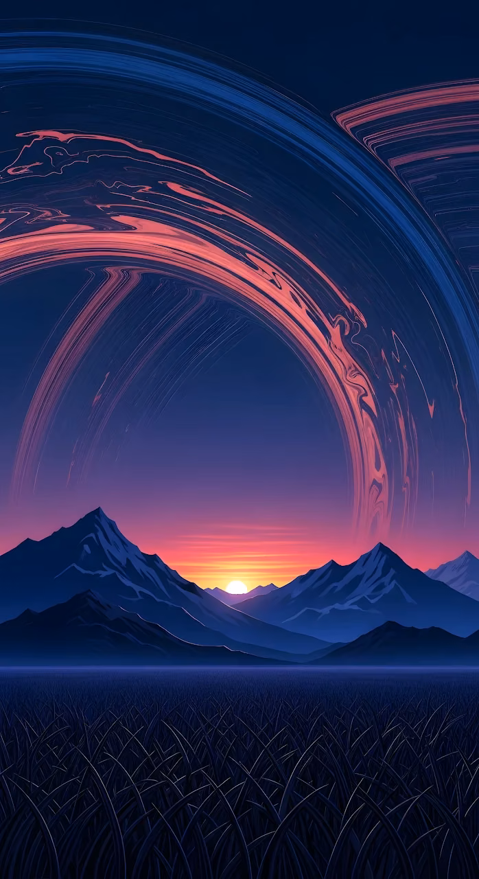 Synthwave Landscape with Cosmic Rings and Sunset - Free Mobile AMOLED Wallpaper Background