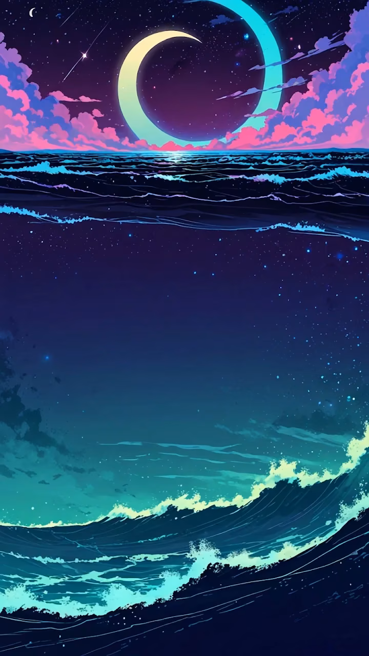 Synthwave Ocean Night with Giant Neon Crescent Moon - Free Mobile AMOLED Wallpaper Background
