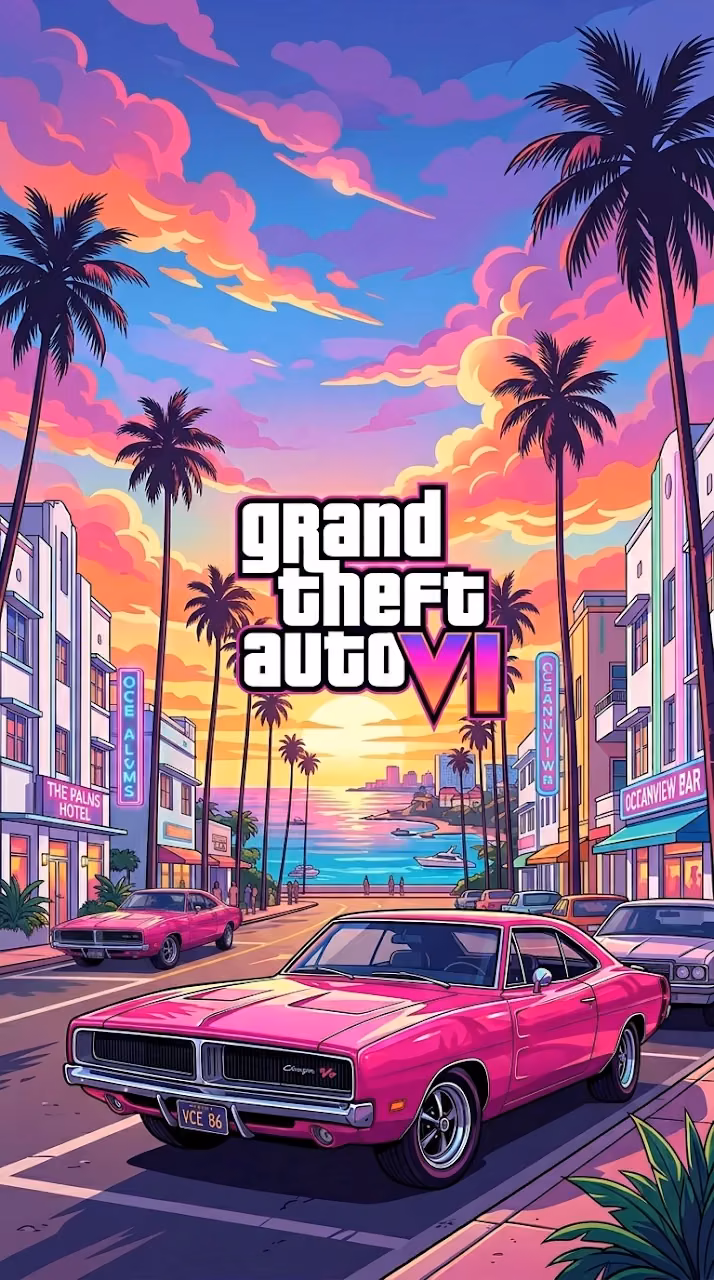 Synthwave Style Illustration of a Classic Pink Car in a Tropical City Setting - Free Mobile AMOLED Wallpaper Background