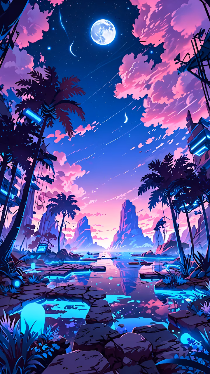 Synthwave Tropical Landscape Neon Vaporwave Night Scene - Free Mobile AMOLED Wallpaper Background