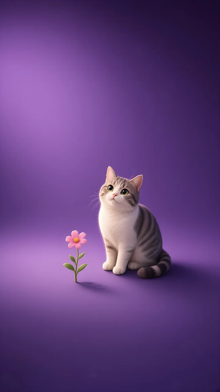 Download Cute Tabby Cat Pink Flower 4K Wallpaper in Mobile HD Grey and white tabby cat sitting beside a small pink daisy on a solid purple background.