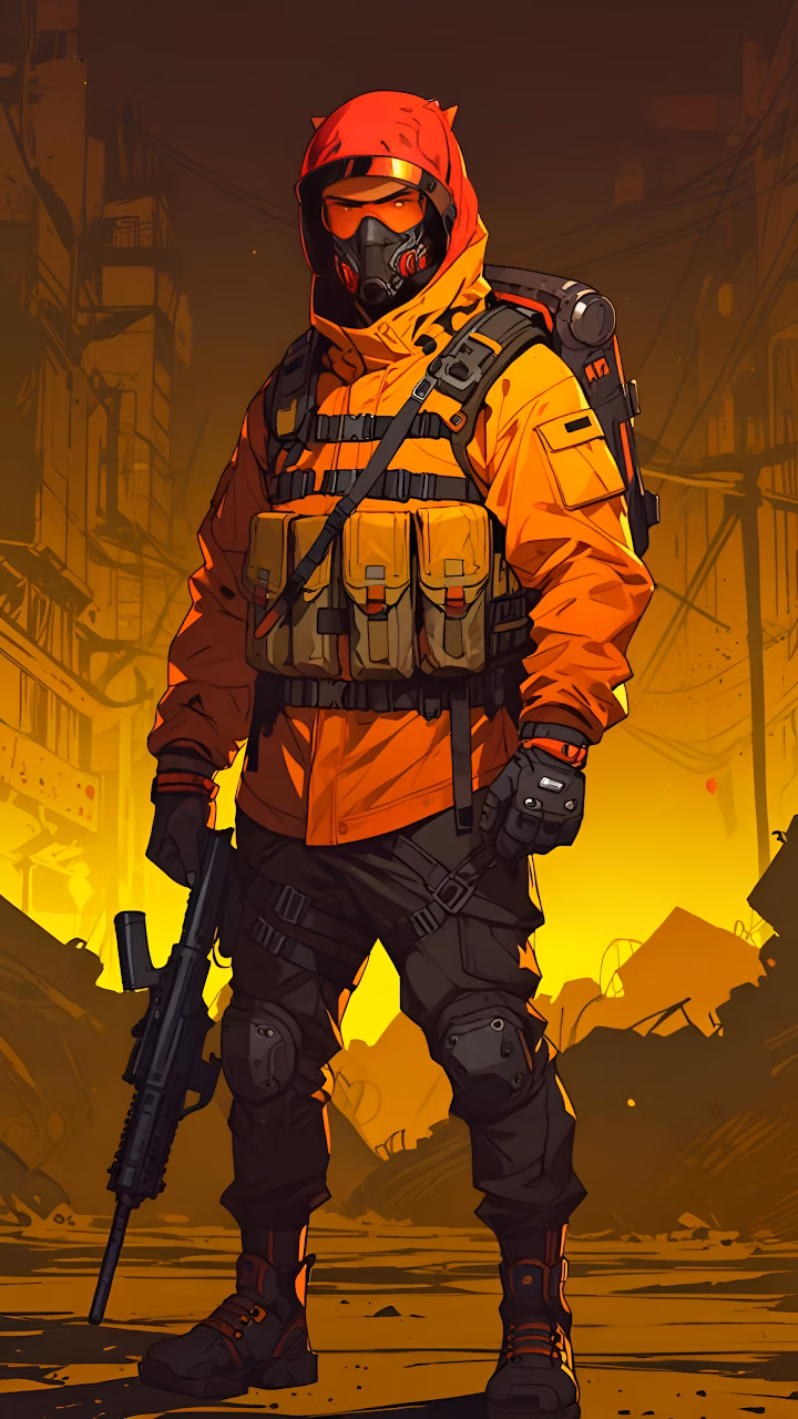 Tactical Survivor Orange Jacket Gas Mask Post Apocalyptic Setting - Free Mobile AMOLED Wallpaper Background