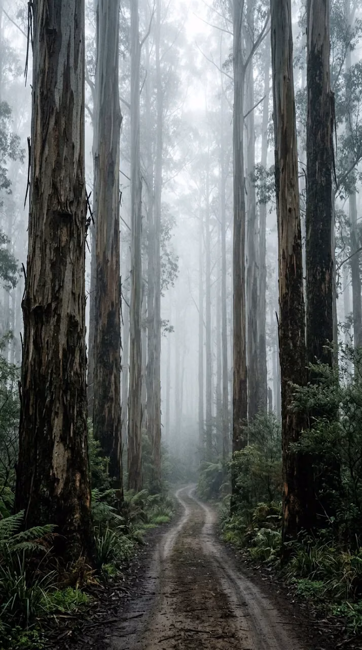 Tall Eucalyptus Trees Over a Foggy Forest Dirt Road - Free Mobile AMOLED Wallpaper Background
