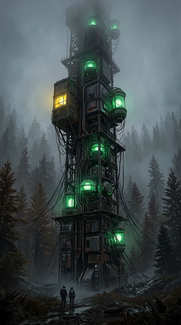 Tall Vertical Housing Pods in a Misty Evergreen Forest - Free Mobile AMOLED Wallpaper Background
