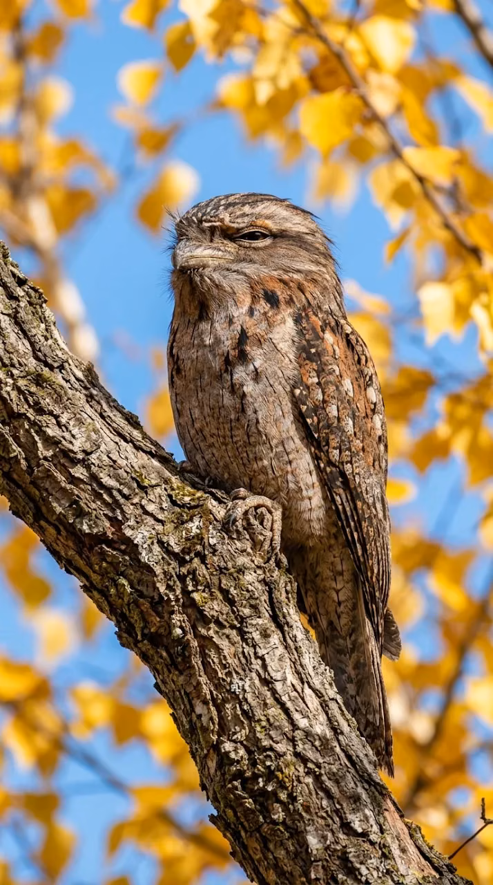 Tawny Frogmouth Bird Camouflaged on an Autumn Tree Branch - Free Mobile AMOLED Wallpaper Background