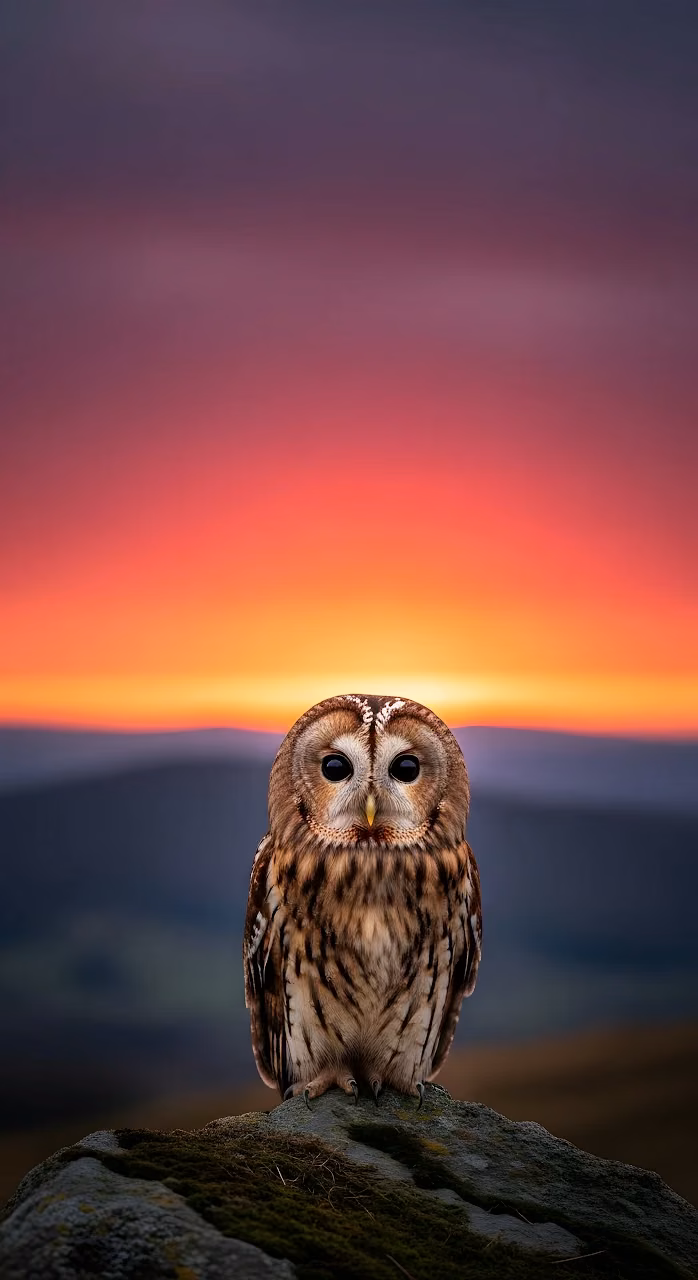 Tawny Owl Perched Rock Dramatic Sunset Wildlife Portrait - Free Mobile AMOLED Wallpaper Background