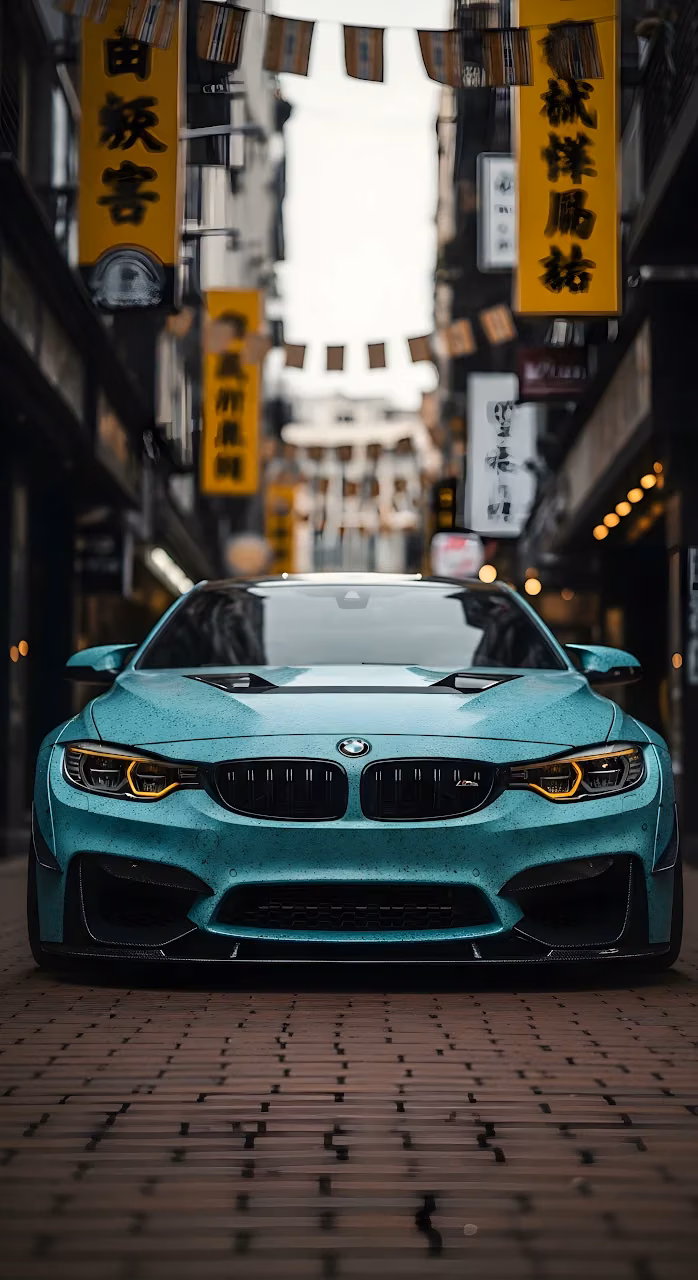 Teal BMW M4 Sports Car in Moody Asian Urban Alley - Free Mobile AMOLED Wallpaper Background