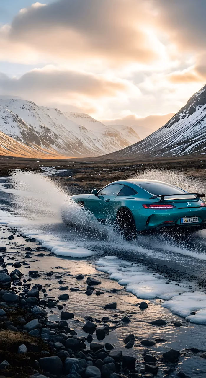 Teal Sports Car Splashing Water in Snowy Valley - Free Mobile AMOLED Wallpaper Background