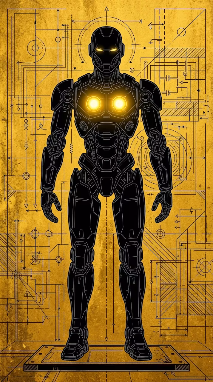 Technical Illustration of a Humanoid Robot on a Textured Gold Background - Free Mobile AMOLED Wallpaper Background