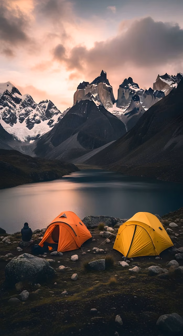 Tents Camping Patagonia Mountains Lake Sunset Landscape - Free Mobile AMOLED Wallpaper Background