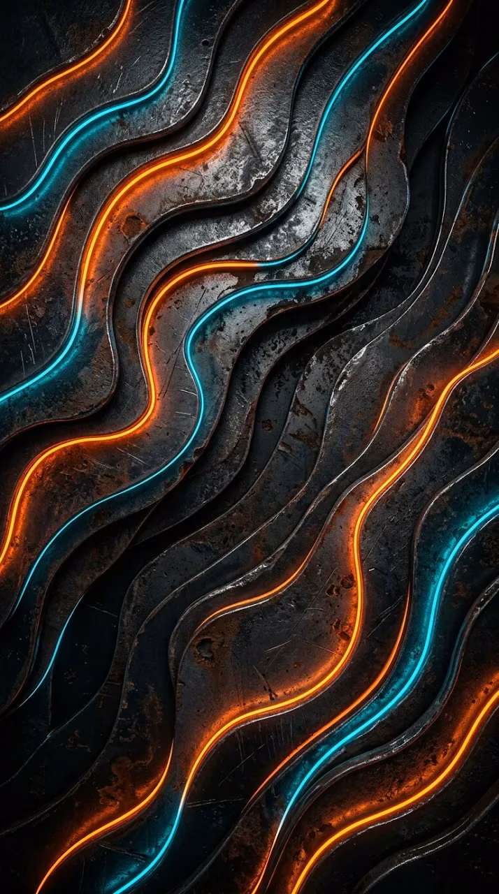 Textured Abstract Metal Layers with Orange and Teal Neon Lines - Free Mobile AMOLED Wallpaper Background