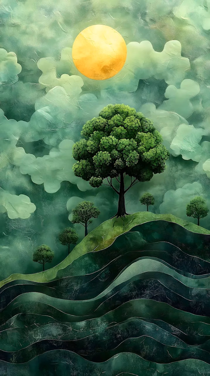 Textured Green Landscape with Layered Hills and Sun - Free Mobile AMOLED Wallpaper Background