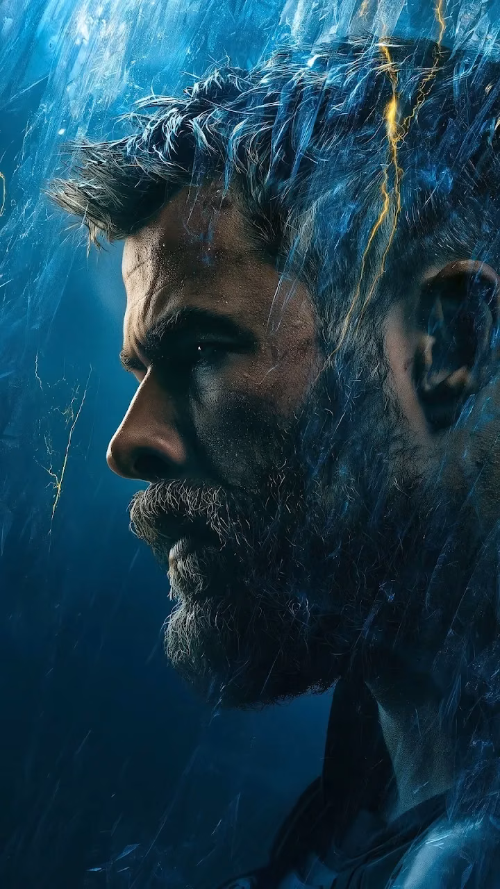 Profile portrait of bearded Thor surrounded by blue mist and crackling electric lightning sparks.