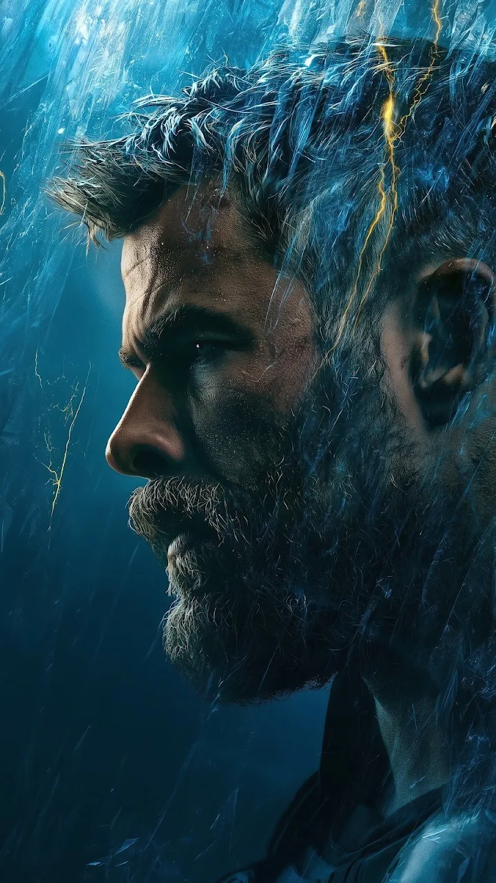 Download Thor Thunder Electric Aura Profile 4K Wallpaper in Mobile HD Profile portrait of bearded Thor surrounded by blue mist and crackling electric lightning sparks.