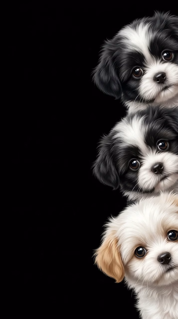 Three Cute Fluffy Puppies Peeking from the Right on Black Background - Free Mobile AMOLED Wallpaper Background