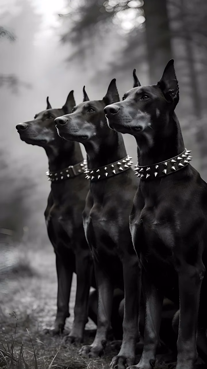 Download Three Doberman Pinschers Portrait HD Wallpaper in Mobile HD Profile view of three black Doberman dogs wearing spiked metal collars in misty woods.
