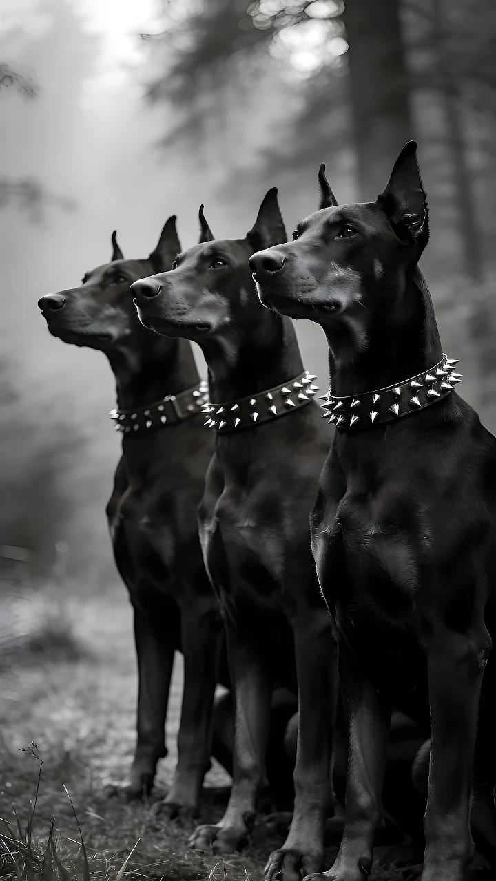 Profile view of three black Doberman dogs wearing spiked metal collars in misty woods.