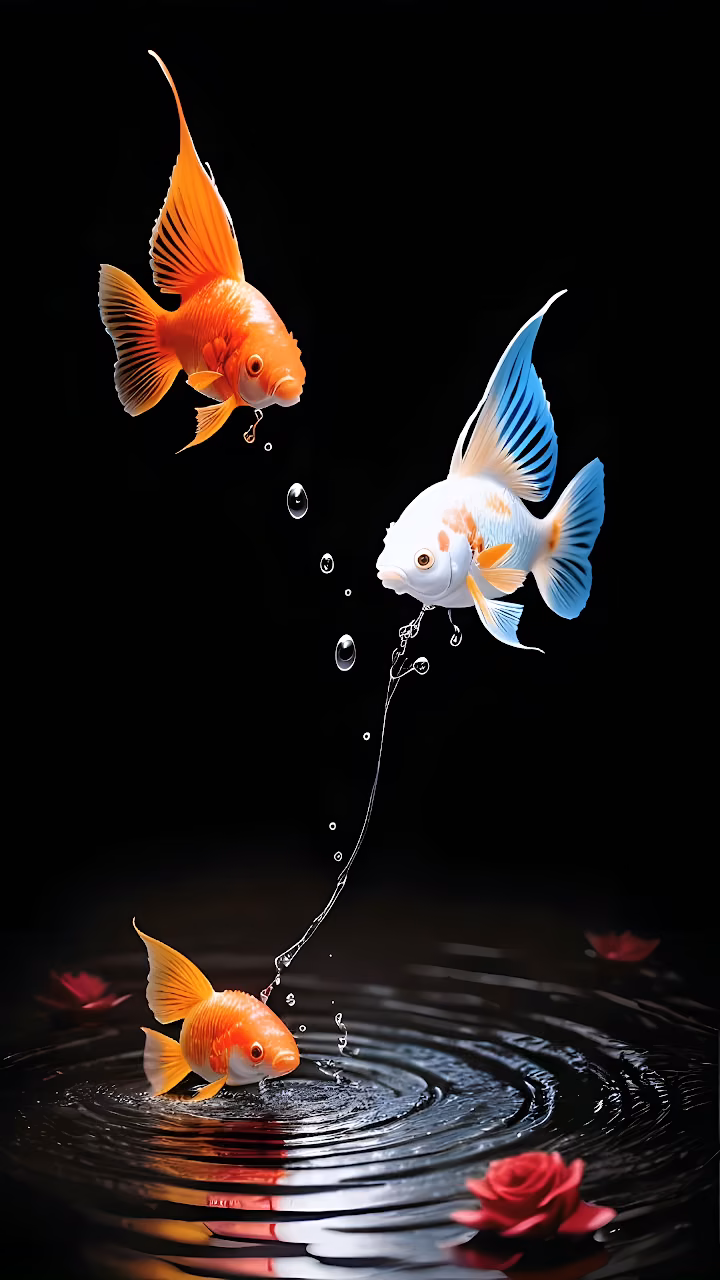 Three Goldfish Leaping Above Water with Floating Roses - Free Mobile AMOLED Wallpaper Background