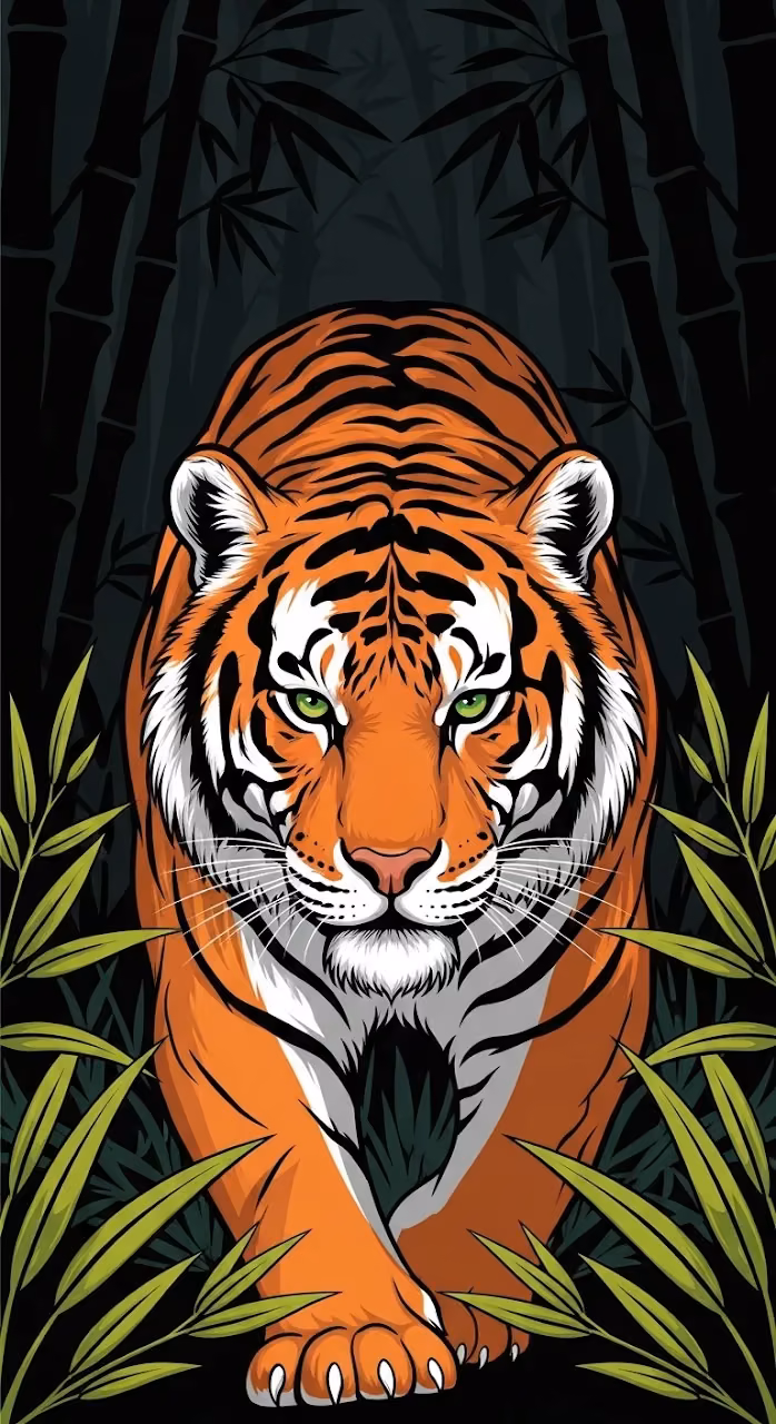 Tiger Prowling Through Dark Bamboo Forest - Free Mobile AMOLED Wallpaper Background