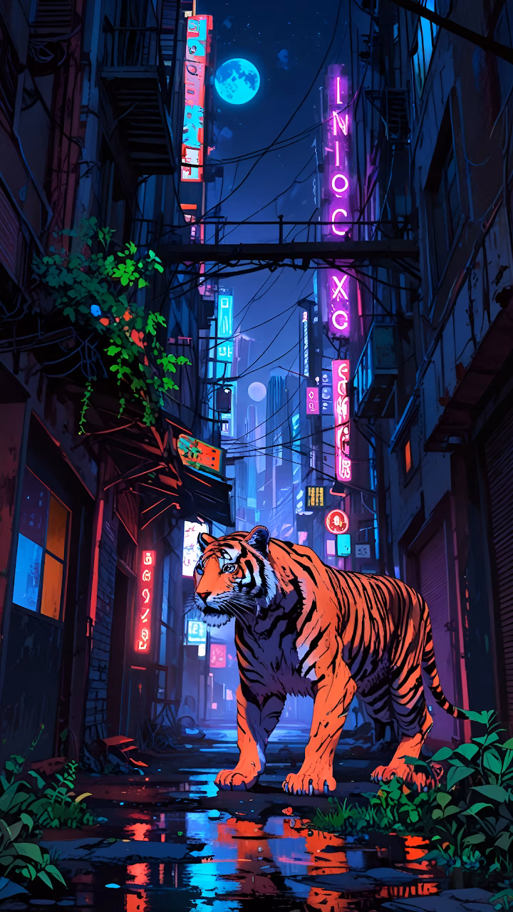 Download Tiger Roaming Neon-Lit Cyberpunk Alley Under Blue Moon Wallpaper in Mobile HD Tiger Roaming Neon-Lit Cyberpunk Alley Under Blue Moon - Free Mobile AMOLED Wallpaper Background