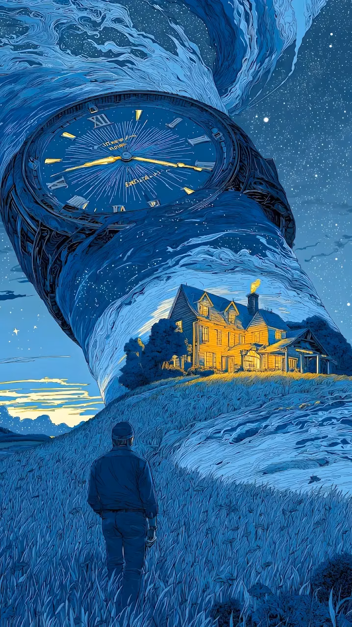 Time Vortex Swirling Over a Cozy Nighttime Cottage - Free Mobile AMOLED Wallpaper Background