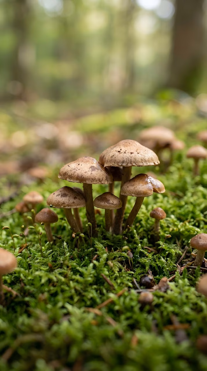 Tiny Brown Mushrooms Growing in Moss - Free Mobile AMOLED Wallpaper Background