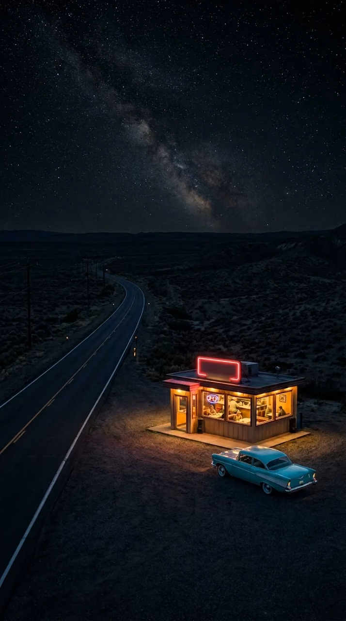 Download Tiny Glowing Diner on Dark Desert Highway at 2am Wallpaper in Mobile HD Tiny Glowing Diner on Dark Desert Highway at 2am - Free Mobile AMOLED Wallpaper Background