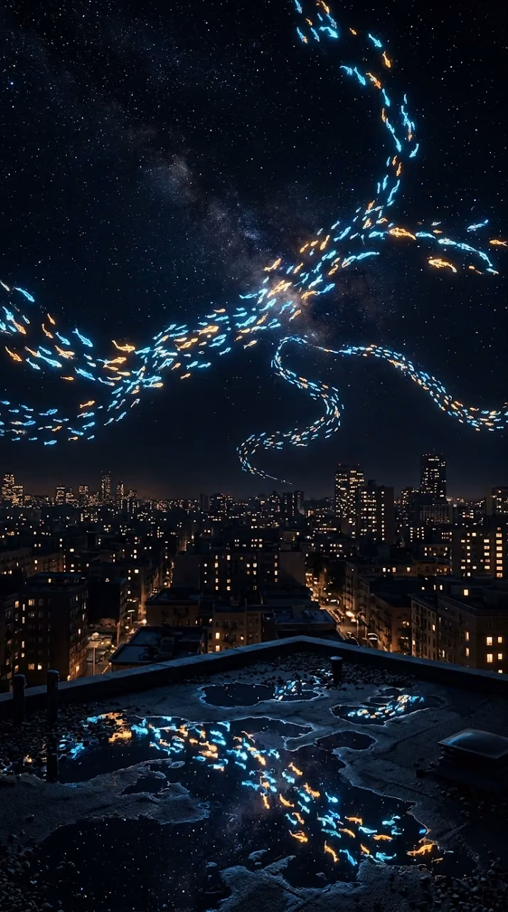Tiny Glowing Koi Swimming Over Sleeping Midnight City - Free Mobile AMOLED Wallpaper Background