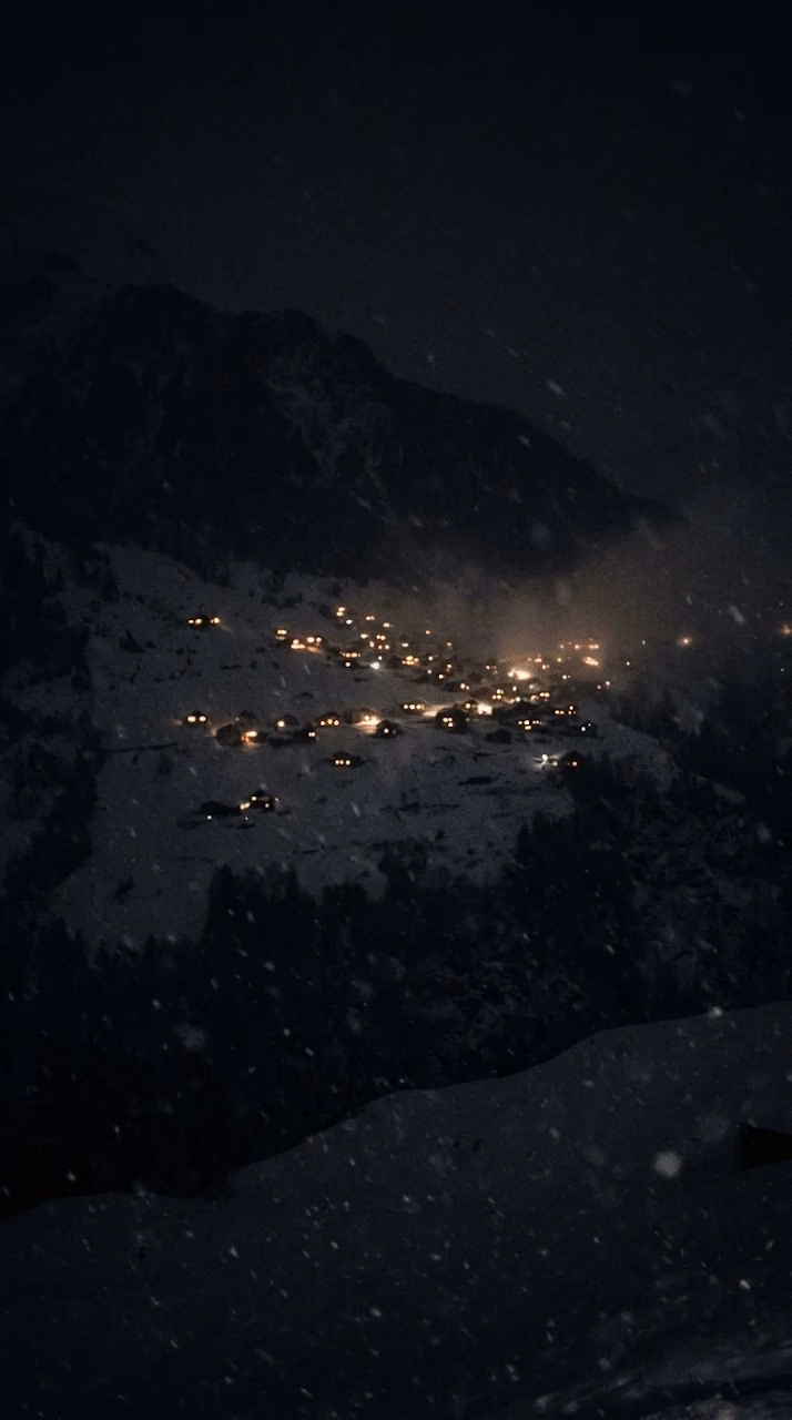 Download Tiny Glowing Windows in Snowy Mountain Village at Night Wallpaper in Mobile HD Tiny Glowing Windows in Snowy Mountain Village at Night - Free Mobile AMOLED Wallpaper Background
