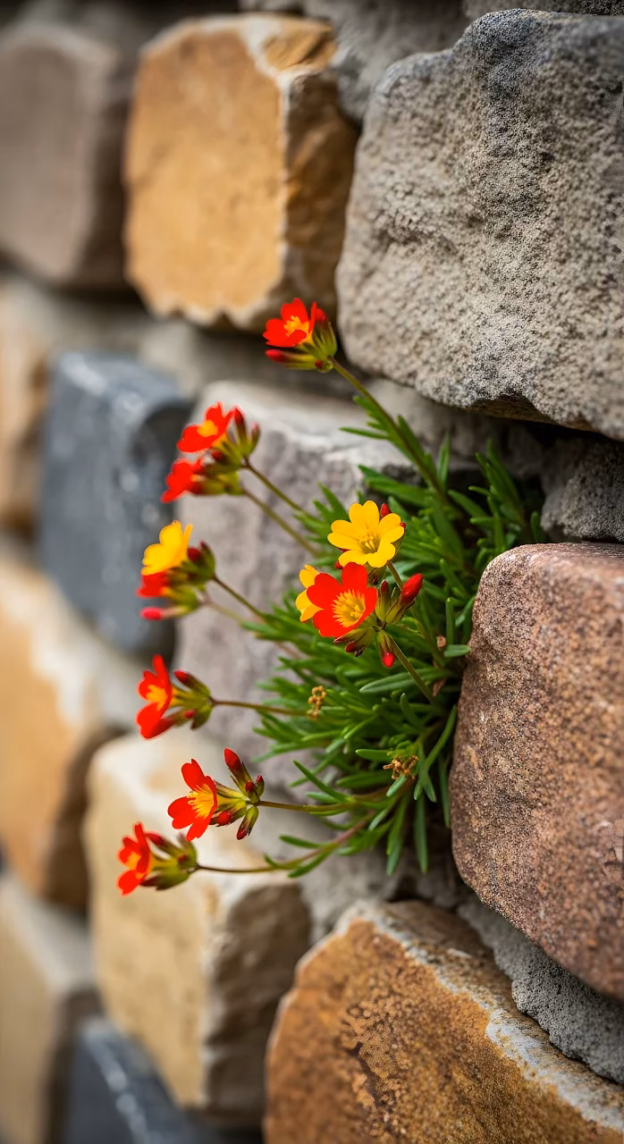 Tiny Red and Yellow Flowers Growing from Stone Wall Cracks - Free Mobile AMOLED Wallpaper Background