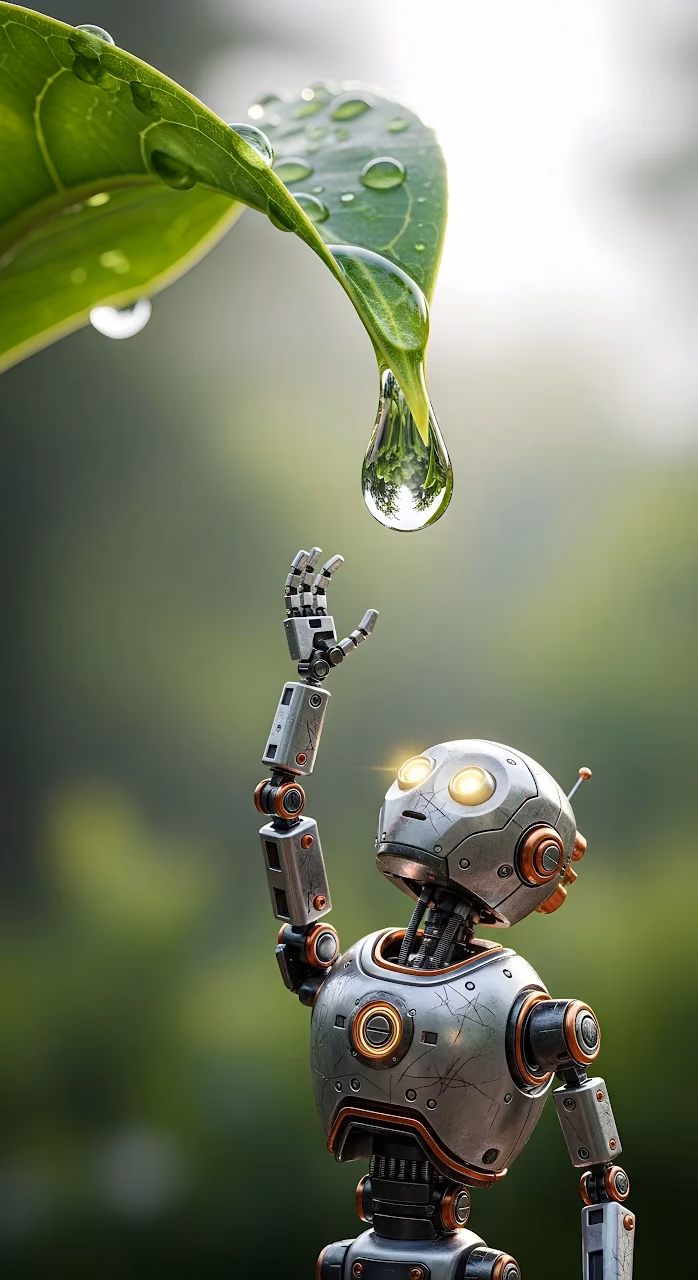 Tiny Robot Reaching for a Refreshing Water Droplet - Free Mobile AMOLED Wallpaper Background