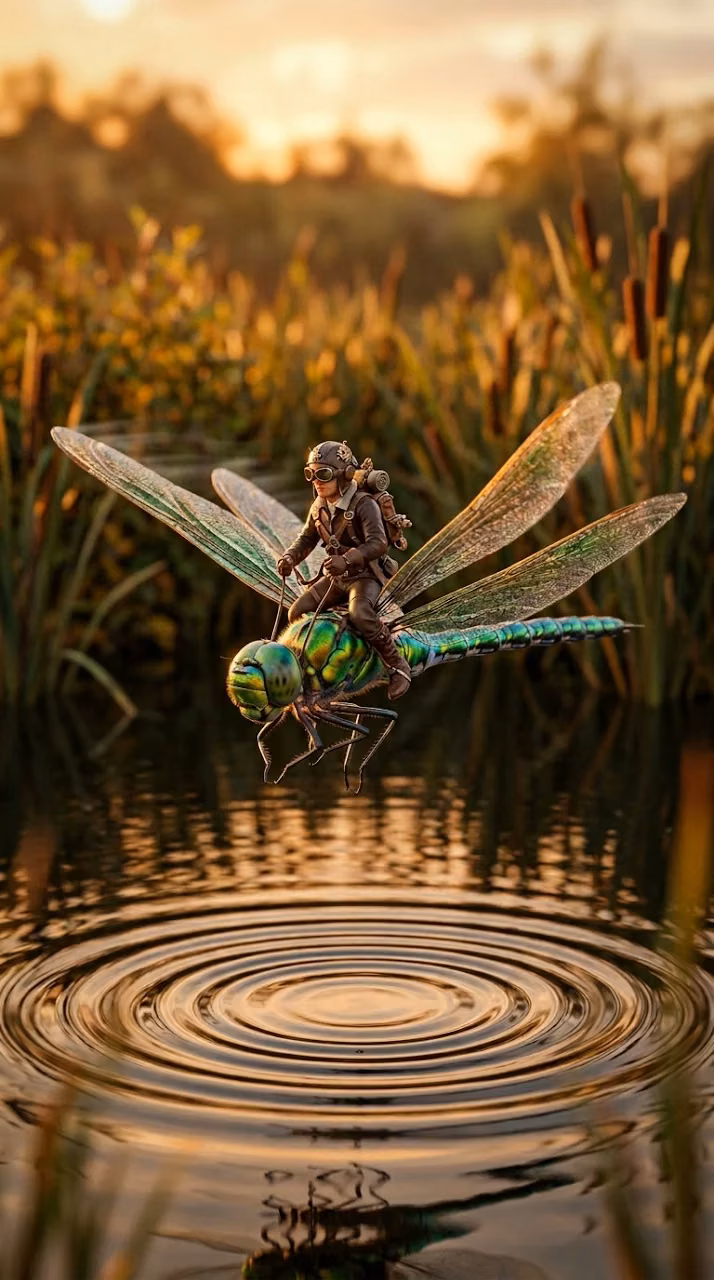 Download Tiny Steampunk Aviator Riding a Mechanical Green Dragonfly over Water Wallpaper in Mobile HD Tiny Steampunk Aviator Riding a Mechanical Green Dragonfly over Water - Free Mobile AMOLED Wallpaper Background