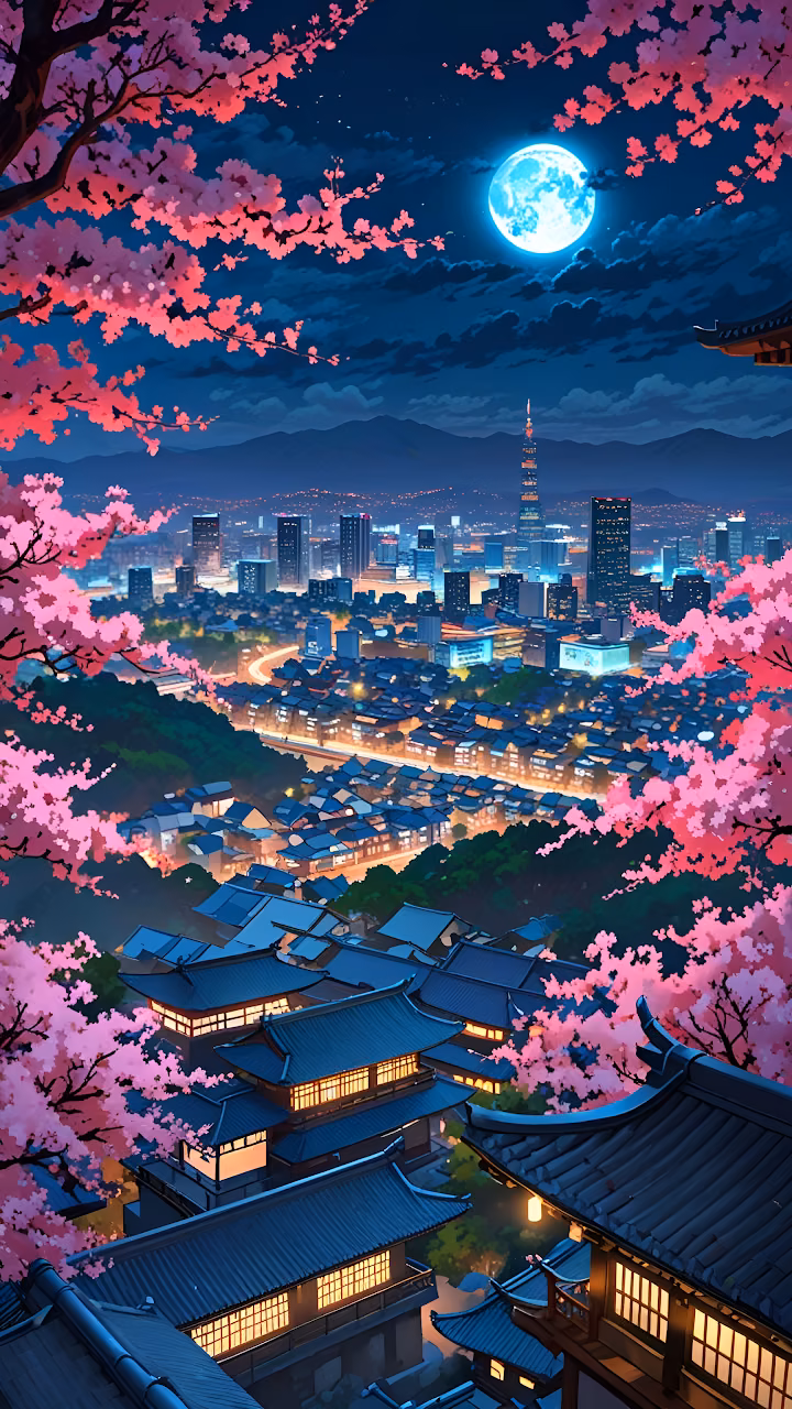 Download Tokyo Cherry Blossom Night City Anime Aesthetic Art Wallpaper in Mobile HD Tokyo Cherry Blossom Night City Anime Aesthetic Art - Free Mobile AMOLED Wallpaper Background