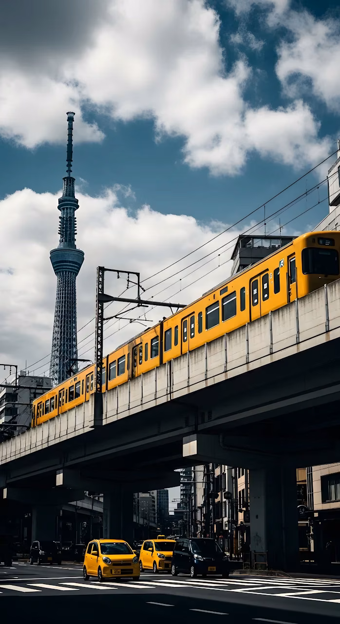 Tokyo Skytree Yellow Train Elevated City View - Free Mobile AMOLED Wallpaper Background